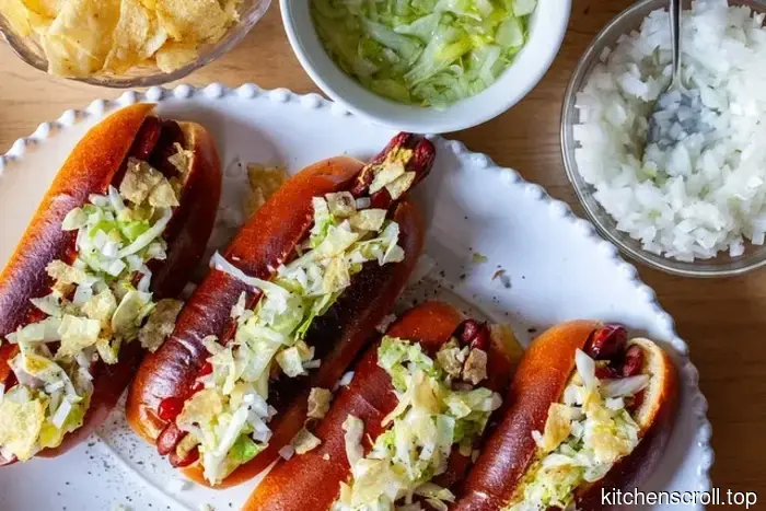 hot dogs served with pickled iceberg lettuce and potato chips