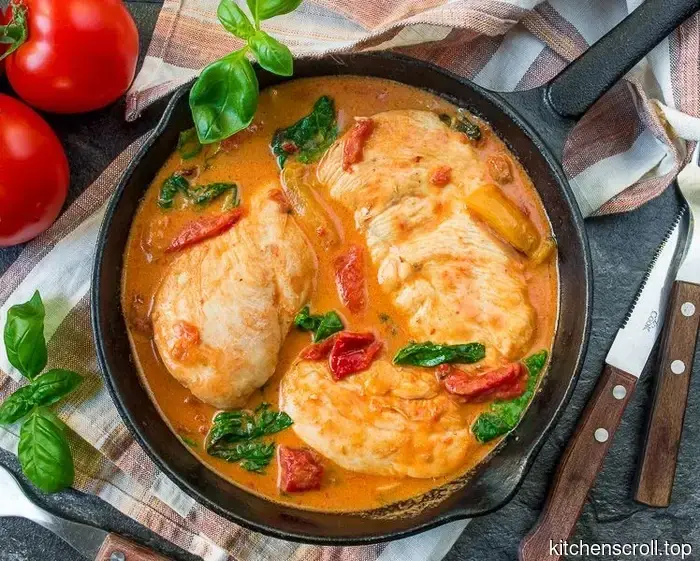 Pollo en salsa de tomate y crema con espinacas en el Blog Delicioso