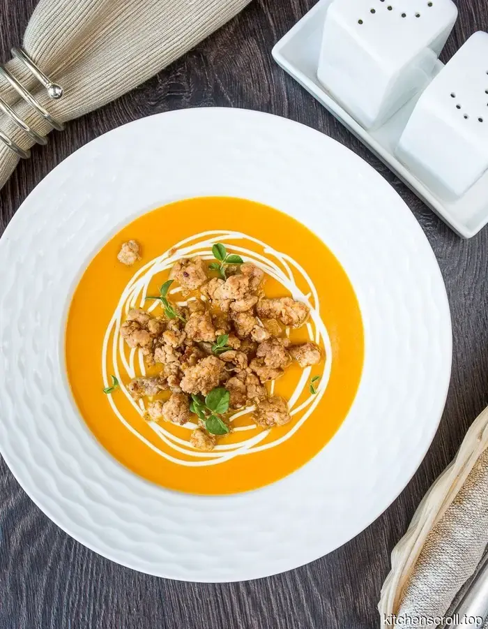 Kürbiscremesuppe mit gebratenem scharfen Hackfleisch auf dem Leckeren Blog