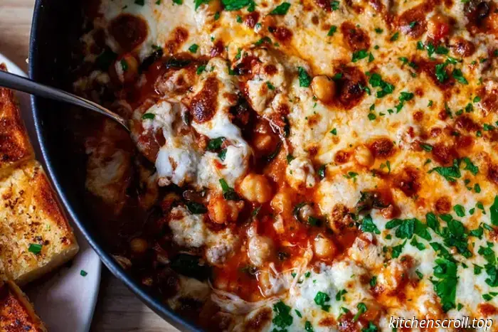 Ziti with chickpeas, sausage, and kale.