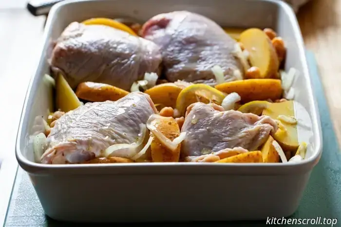chicken with lemon, potatoes, and chickpeas