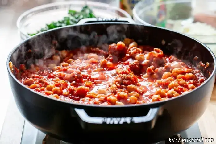 Ziti with chickpeas, sausage, and kale.