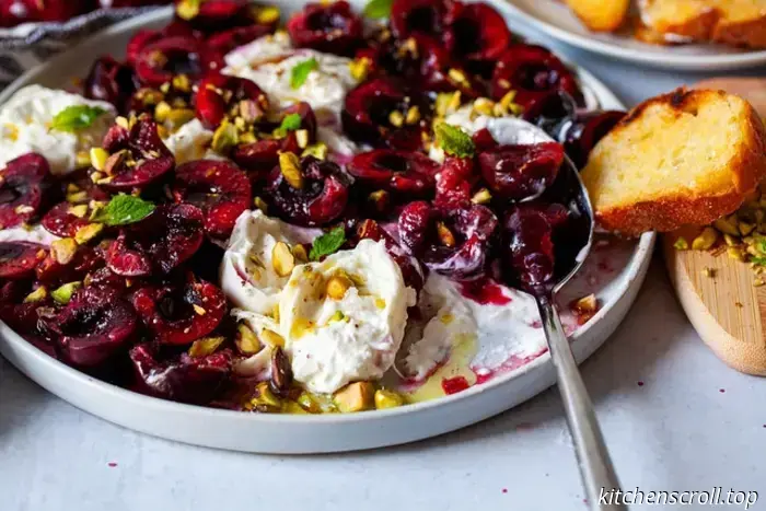 burrata con ciliegie schiacciate e pistacchi