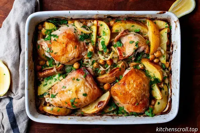 pollo al limón con patatas y garbanzos