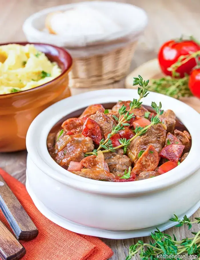 Rinderragout in Tomatensauce mit scharfen Würstchen auf dem Leckeren Blog
