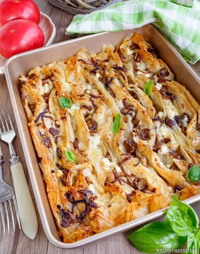 Pie made of phyllo dough with mushrooms and feta on the Tasty Blog