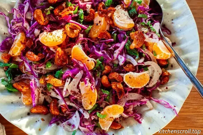 winter cabbage salad featuring mandarins and cashews