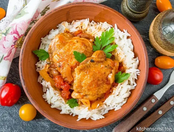 Pollo guisado con tomates y cebolla en el Blog Delicioso