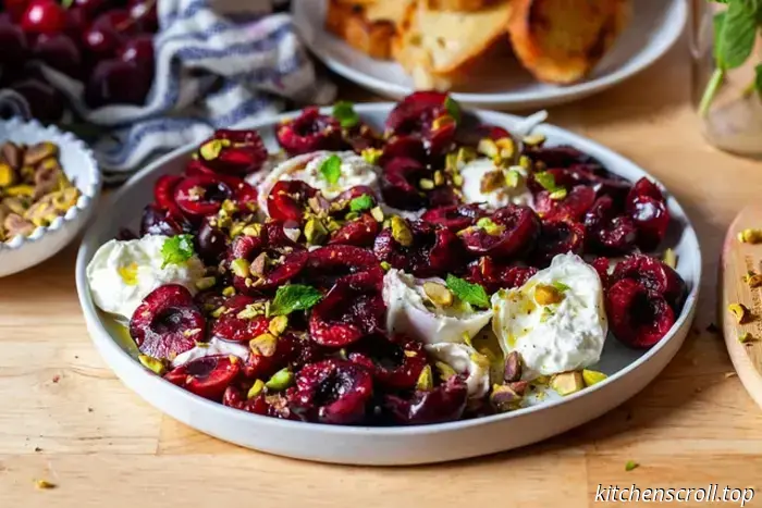 burrata con ciliegie schiacciate e pistacchi