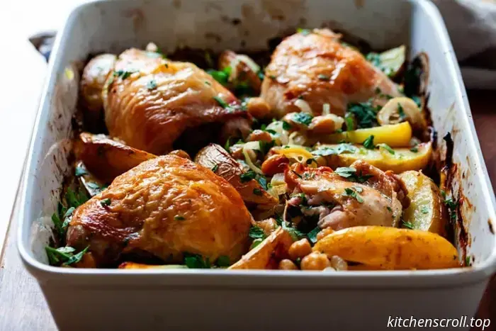chicken with lemon, potatoes, and chickpeas