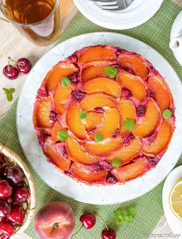 Biskuitkuchen mit Pfirsichen und Kirschen im Lecker-Blog